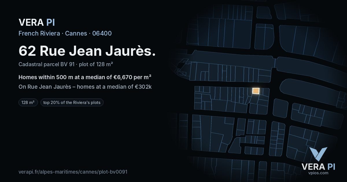 62 Rue Jean Jaurès, Cannes at night – the plot lit, the parcels around coloured by the prices near them