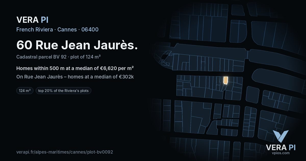 60 Rue Jean Jaurès, Cannes at night – the plot lit, the parcels around coloured by the prices near them