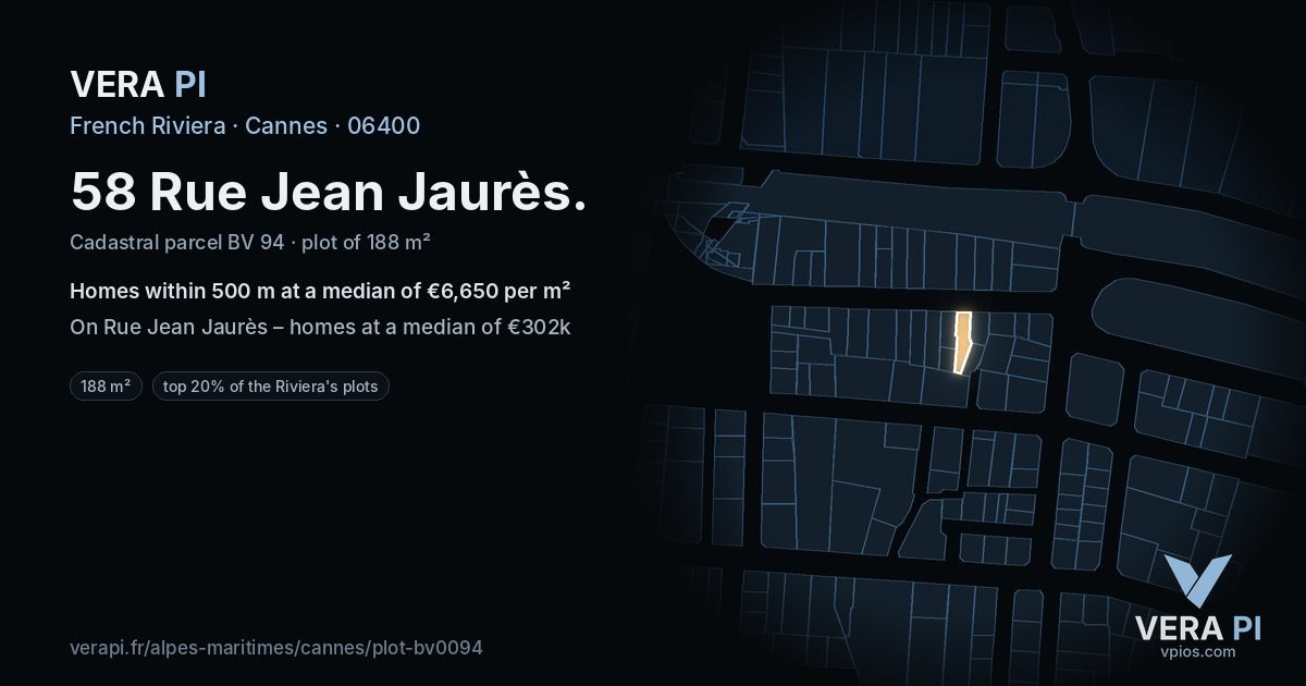 58 Rue Jean Jaurès, Cannes at night – the plot lit, the parcels around coloured by the prices near them