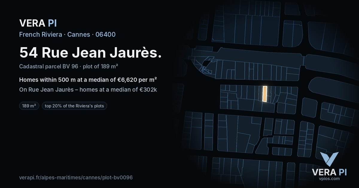 54 Rue Jean Jaurès, Cannes at night – the plot lit, the parcels around coloured by the prices near them