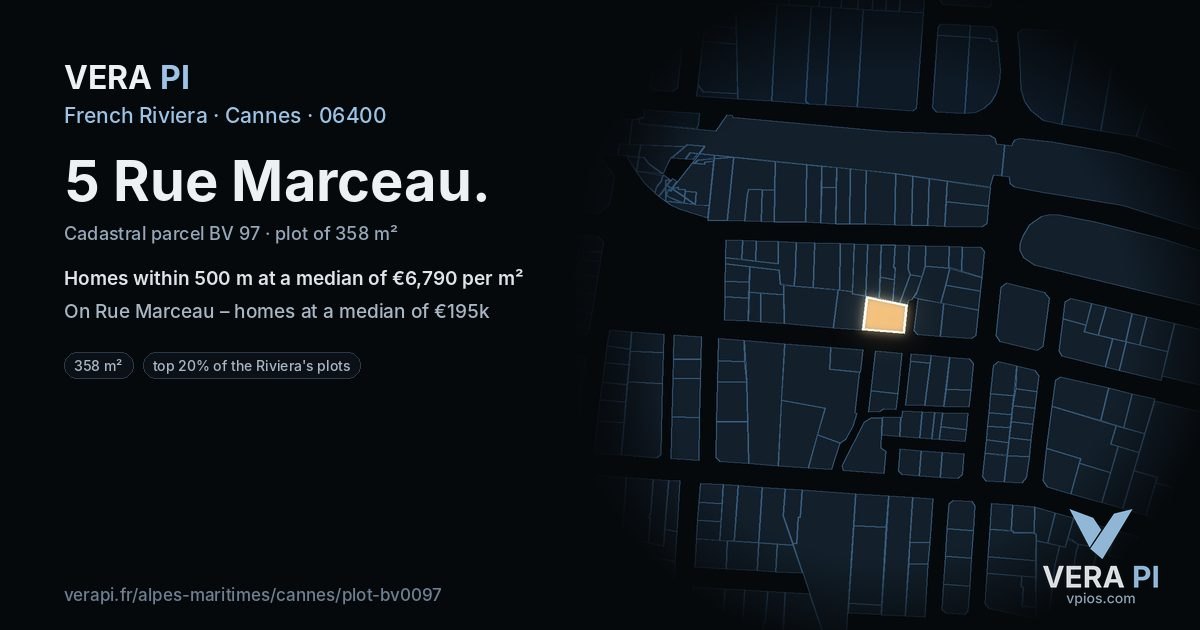 5 Rue Marceau, Cannes at night – the plot lit, the parcels around coloured by the prices near them