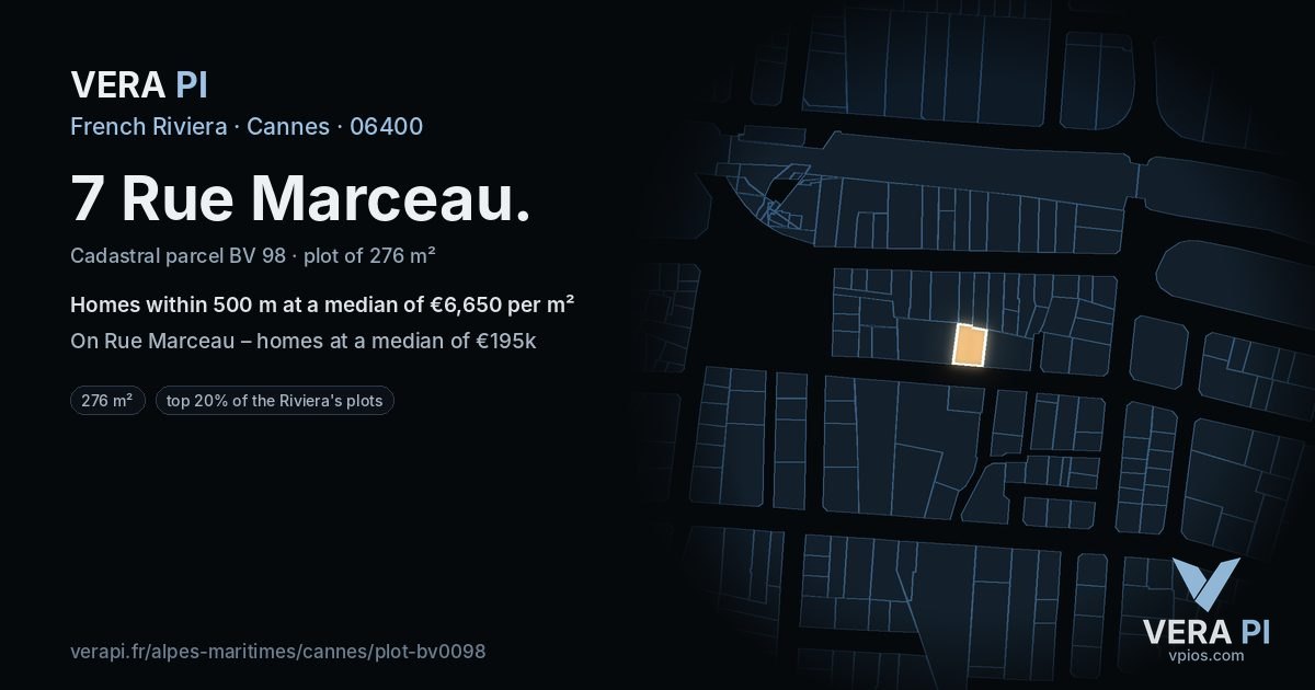 7 Rue Marceau, Cannes at night – the plot lit, the parcels around coloured by the prices near them