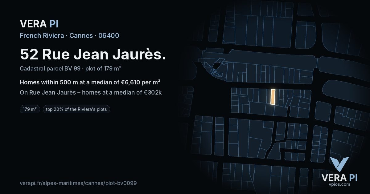 52 Rue Jean Jaurès, Cannes at night – the plot lit, the parcels around coloured by the prices near them