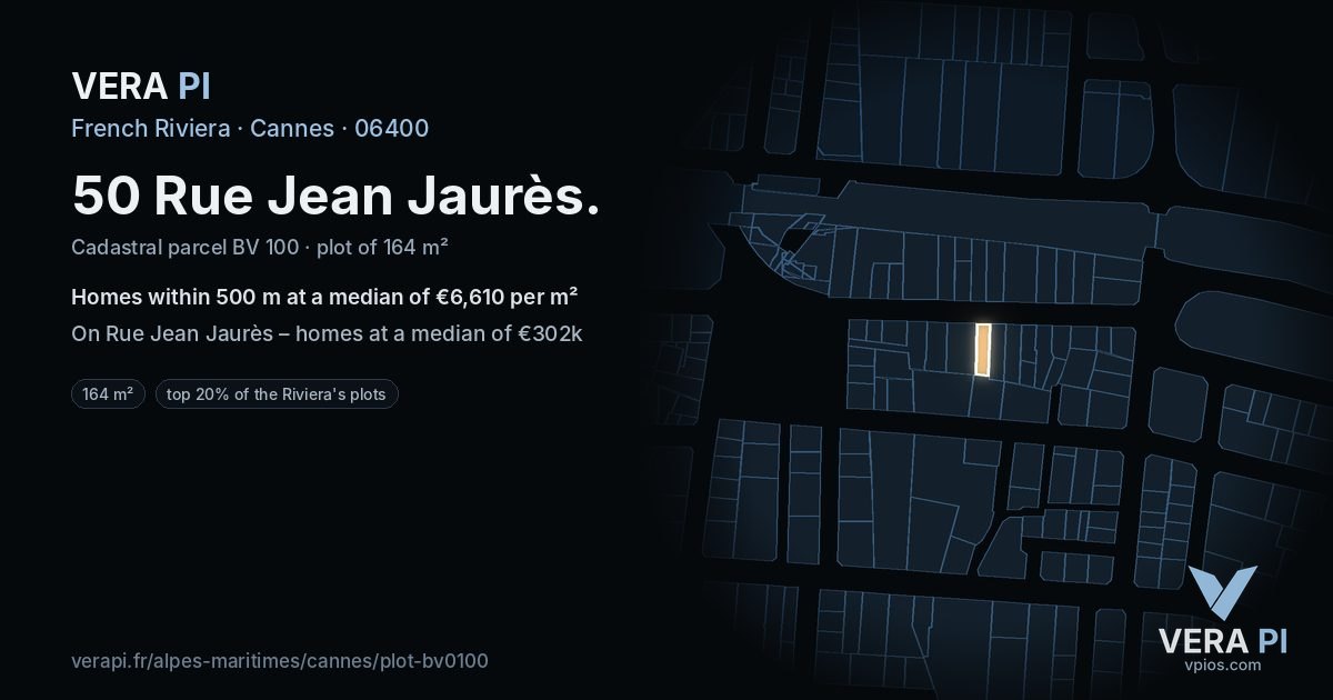 50 Rue Jean Jaurès, Cannes at night – the plot lit, the parcels around coloured by the prices near them