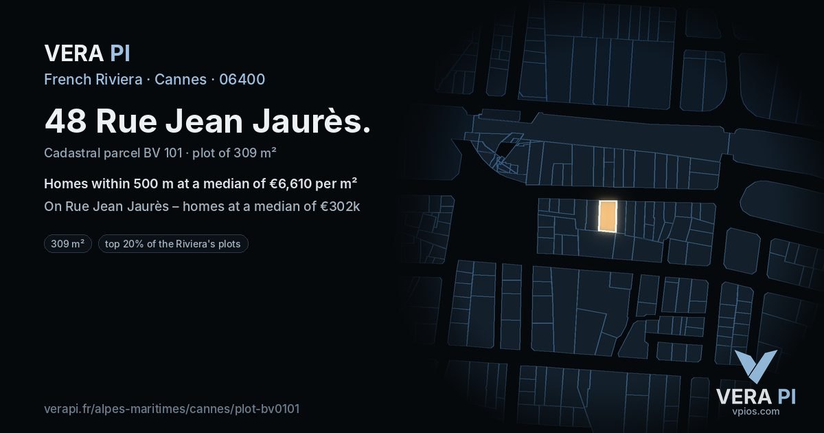 48 Rue Jean Jaurès, Cannes at night – the plot lit, the parcels around coloured by the prices near them