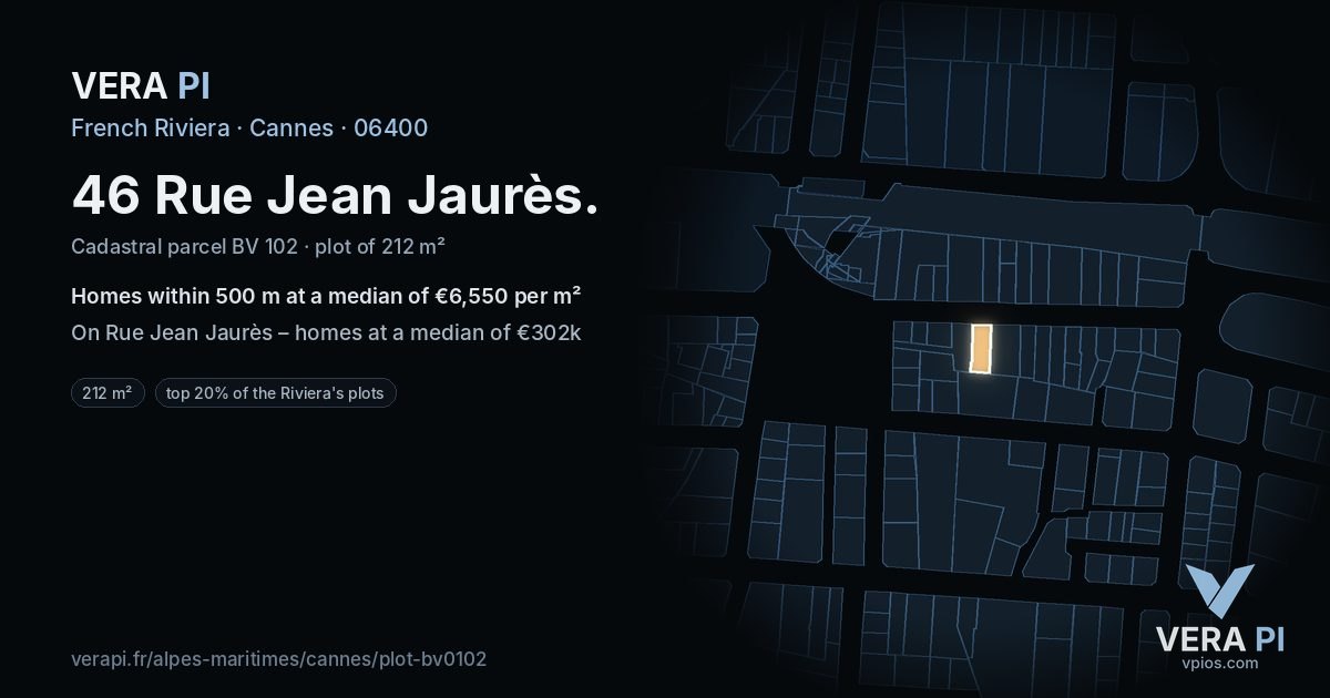 46 Rue Jean Jaurès, Cannes at night – the plot lit, the parcels around coloured by the prices near them