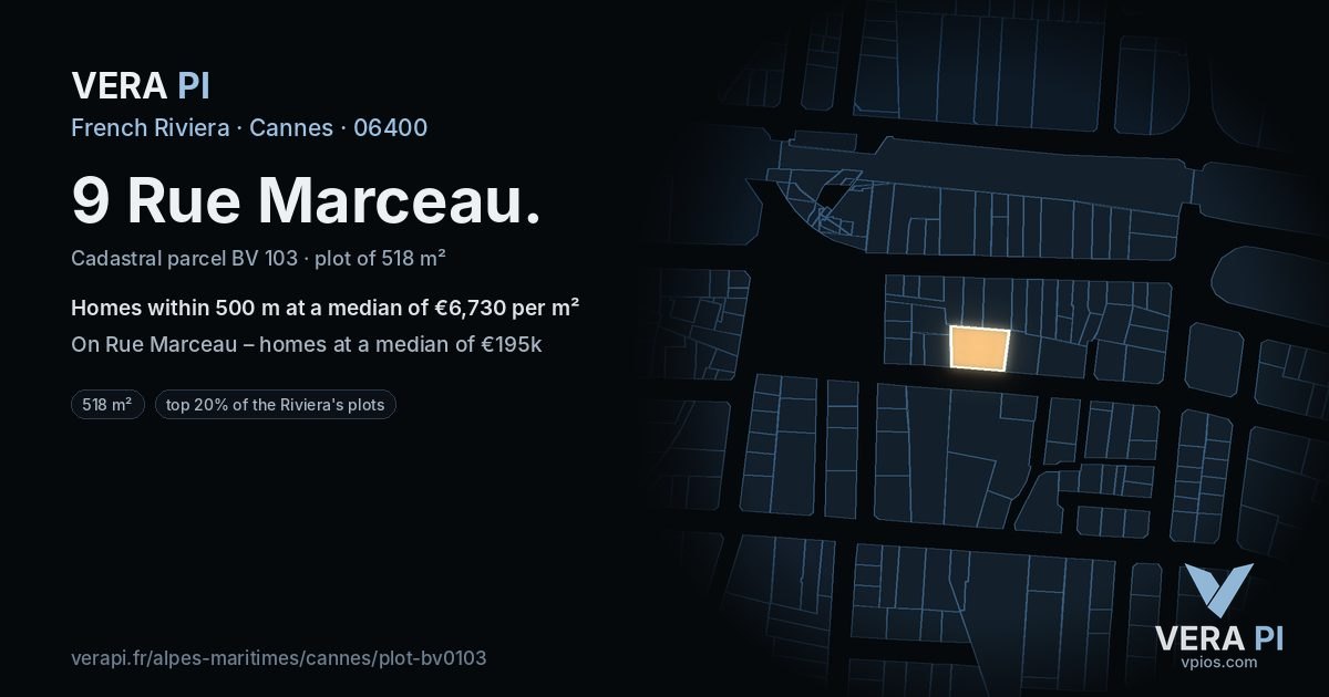 9 Rue Marceau, Cannes at night – the plot lit, the parcels around coloured by the prices near them