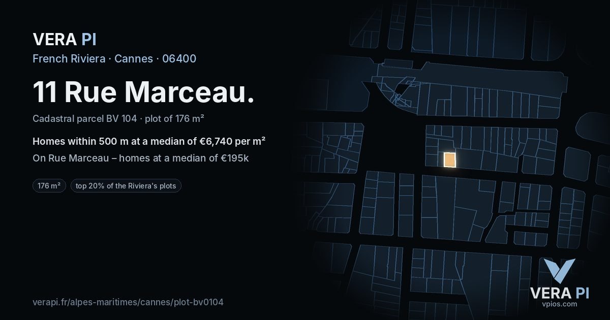 11 Rue Marceau, Cannes at night – the plot lit, the parcels around coloured by the prices near them