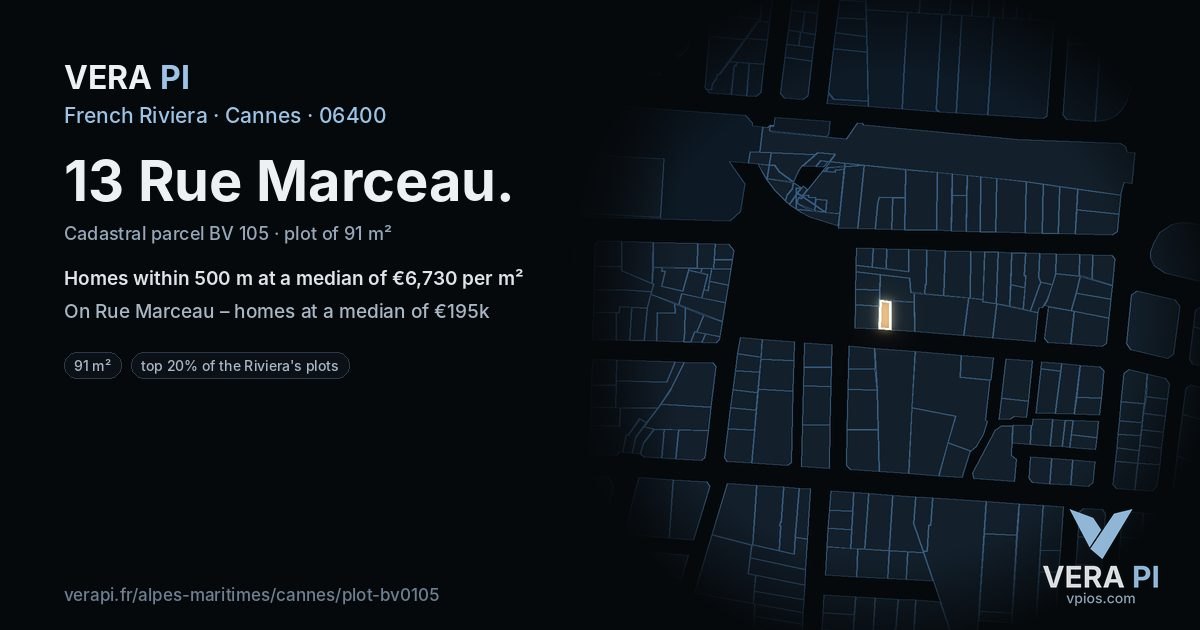 13 Rue Marceau, Cannes at night – the plot lit, the parcels around coloured by the prices near them