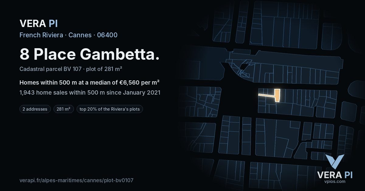 8 Place Gambetta, Cannes at night – the plot lit, the parcels around coloured by the prices near them