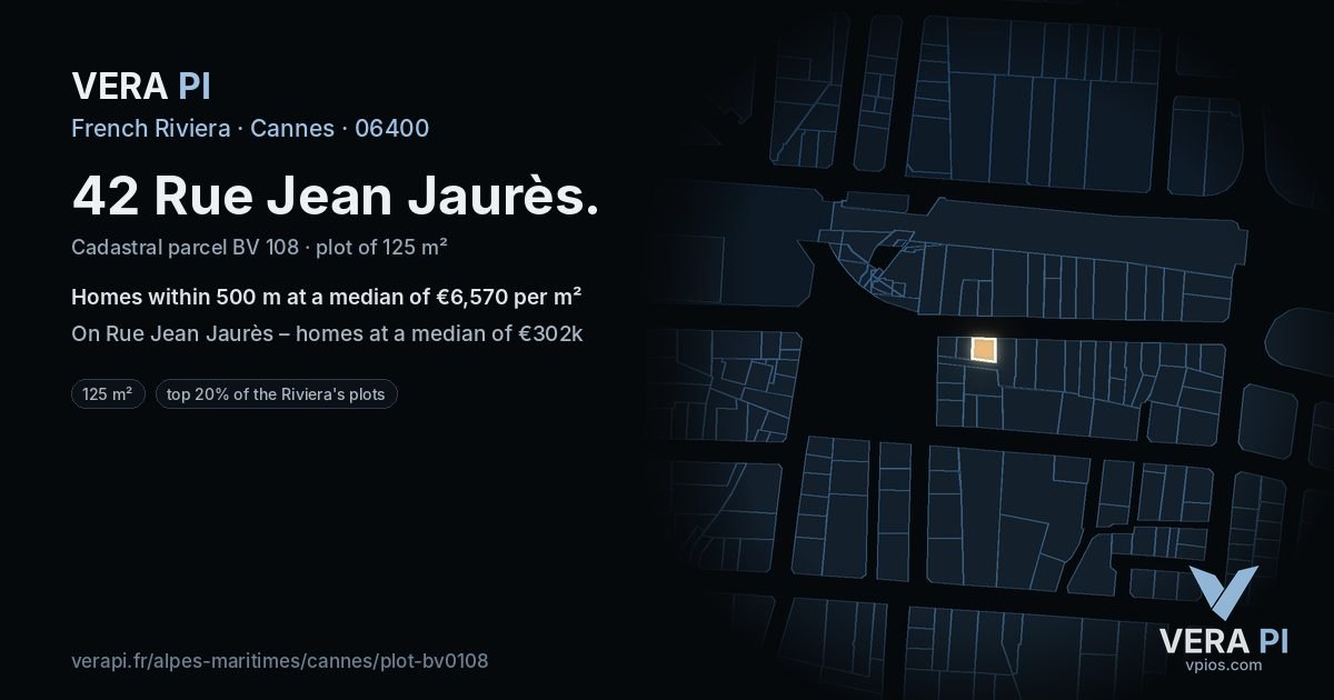 42 Rue Jean Jaurès, Cannes at night – the plot lit, the parcels around coloured by the prices near them