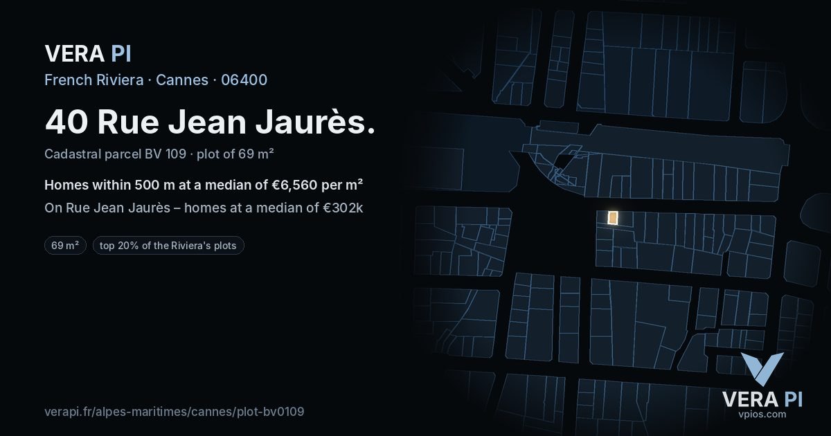 40 Rue Jean Jaurès, Cannes at night – the plot lit, the parcels around coloured by the prices near them