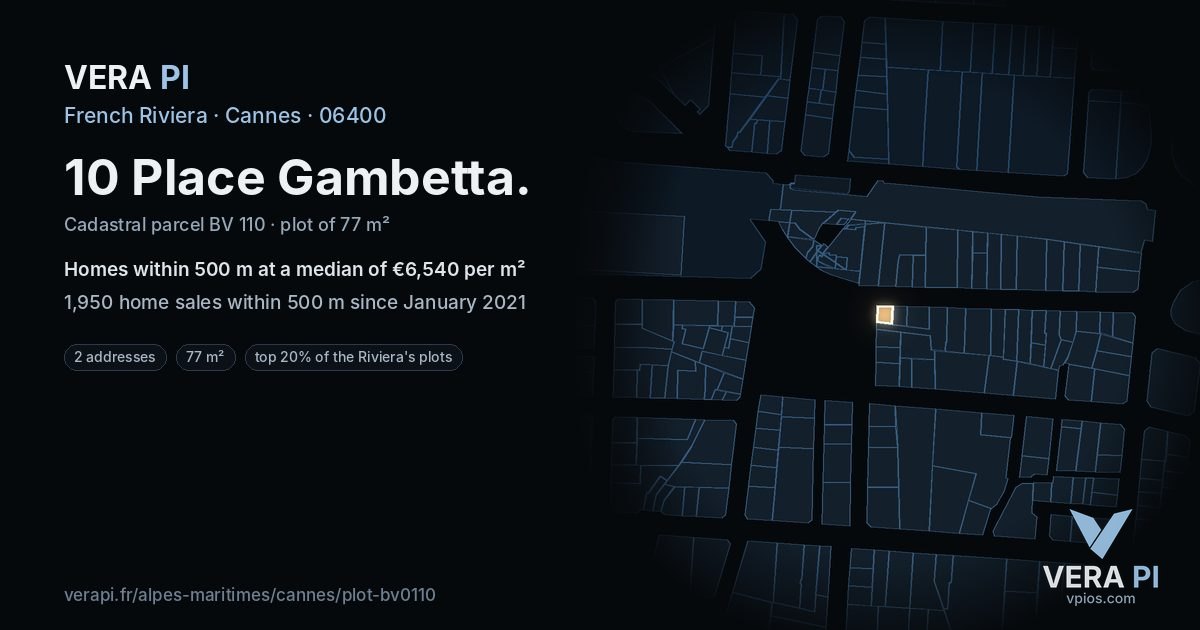 10 Place Gambetta, Cannes at night – the plot lit, the parcels around coloured by the prices near them