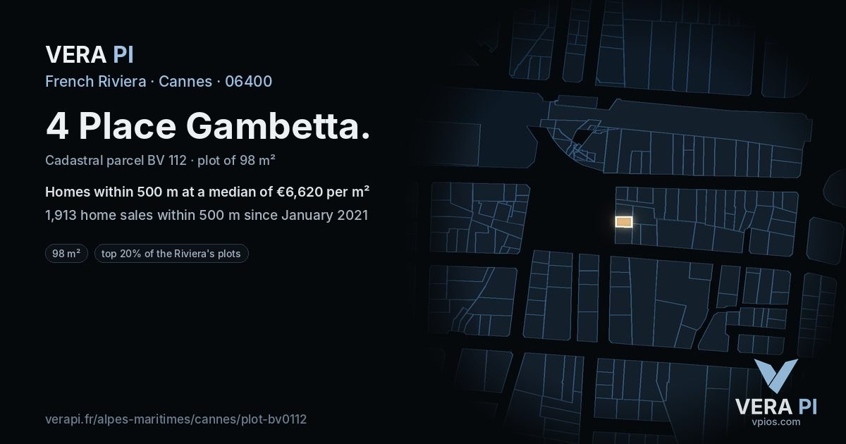 4 Place Gambetta, Cannes at night – the plot lit, the parcels around coloured by the prices near them