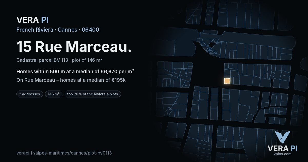 15 Rue Marceau, Cannes at night – the plot lit, the parcels around coloured by the prices near them