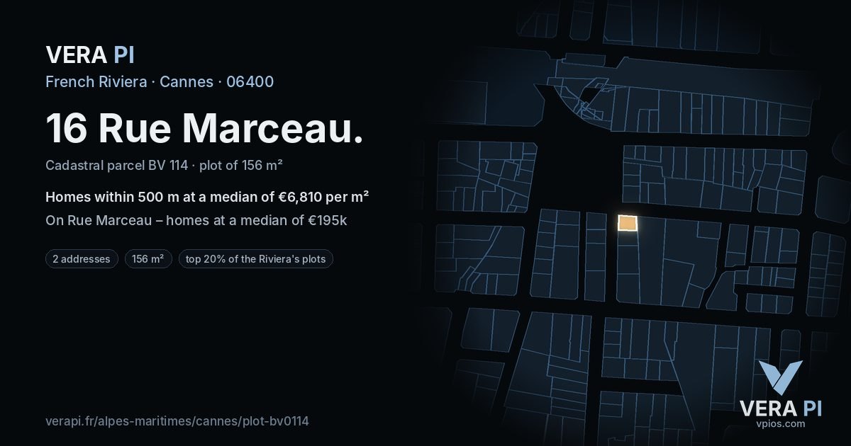 16 Rue Marceau, Cannes at night – the plot lit, the parcels around coloured by the prices near them