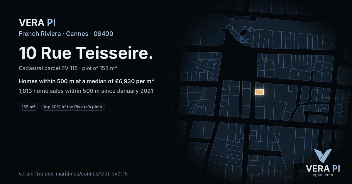 10 Rue Teisseire, Cannes at night – the plot lit, the parcels around coloured by the prices near them