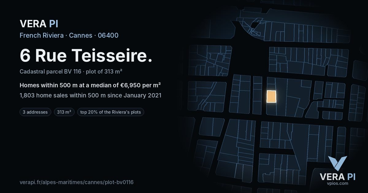 6 Rue Teisseire, Cannes at night – the plot lit, the parcels around coloured by the prices near them
