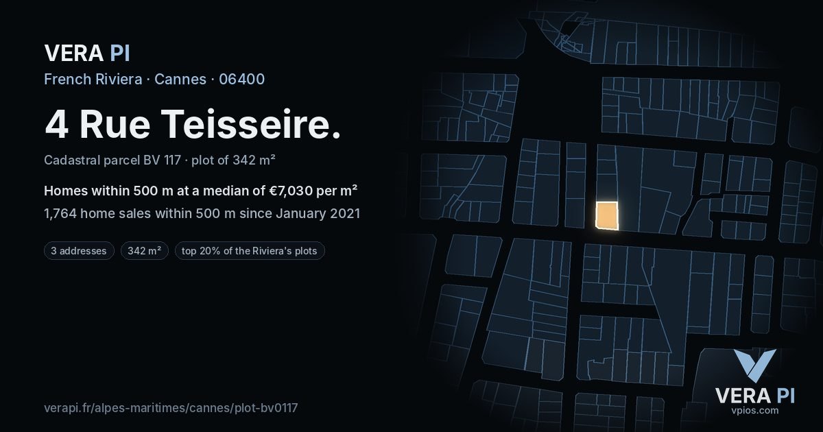 4 Rue Teisseire, Cannes at night – the plot lit, the parcels around coloured by the prices near them