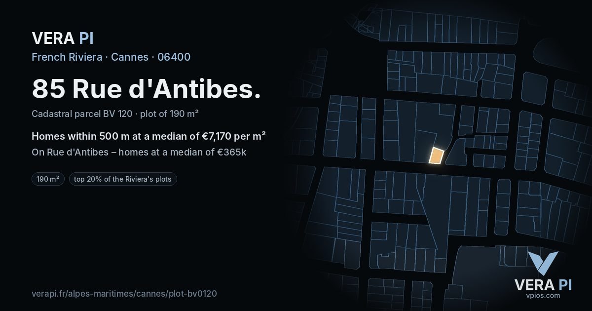 85 Rue d'Antibes, Cannes at night – the plot lit, the parcels around coloured by the prices near them