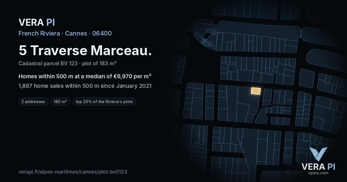 5 Traverse Marceau, Cannes at night – the plot lit, the parcels around coloured by the prices near them