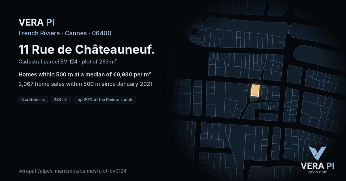 11 Rue de Châteauneuf, Cannes at night – the plot lit, the parcels around coloured by the prices near them