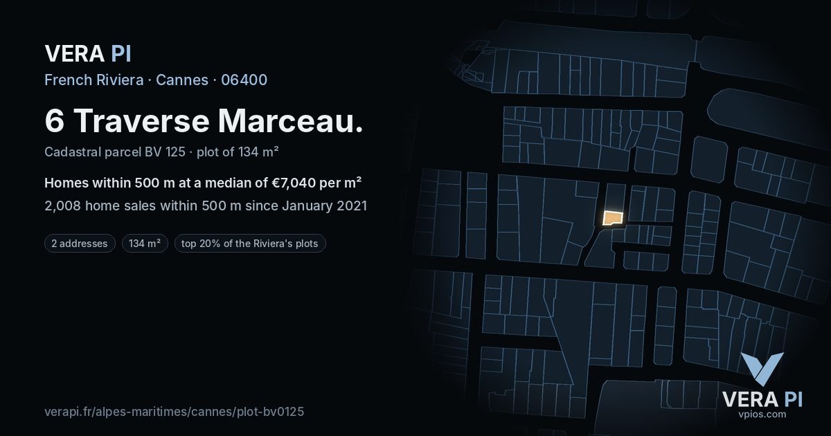 6 Traverse Marceau, Cannes at night – the plot lit, the parcels around coloured by the prices near them