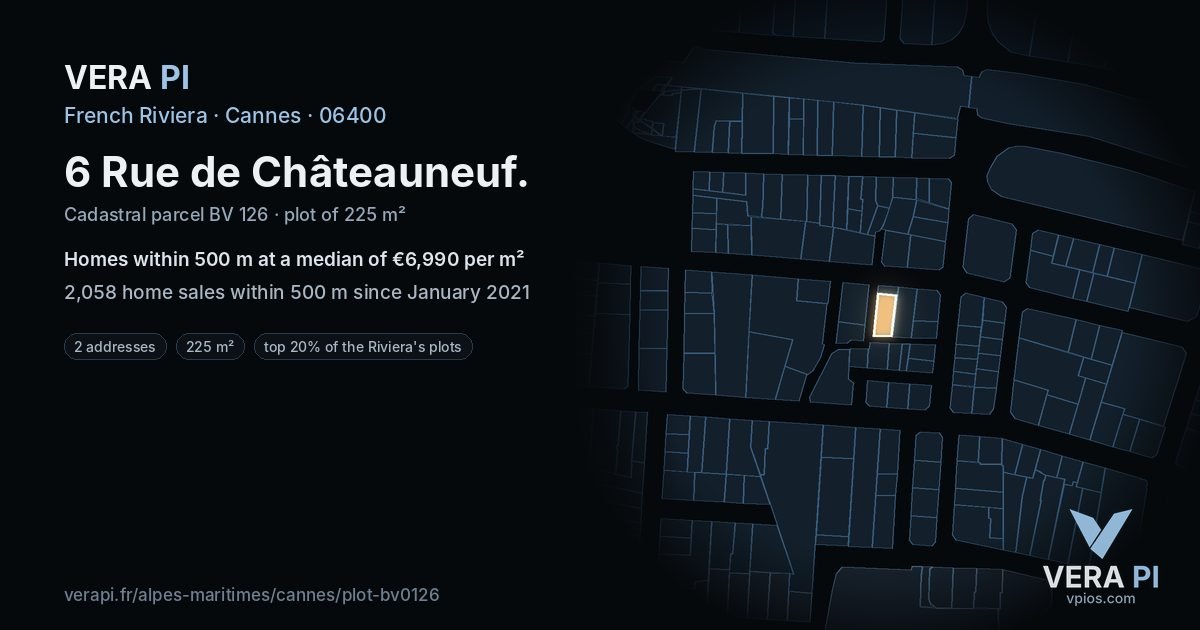 6 Rue de Châteauneuf, Cannes at night – the plot lit, the parcels around coloured by the prices near them