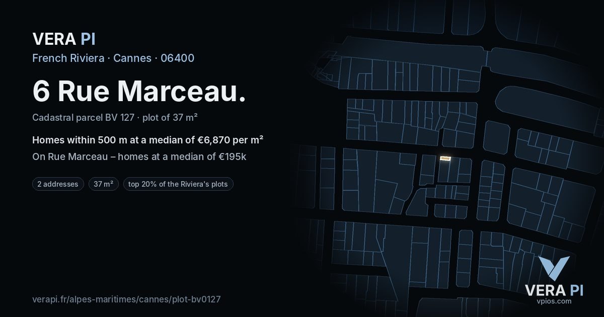 6 Rue Marceau, Cannes at night – the plot lit, the parcels around coloured by the prices near them