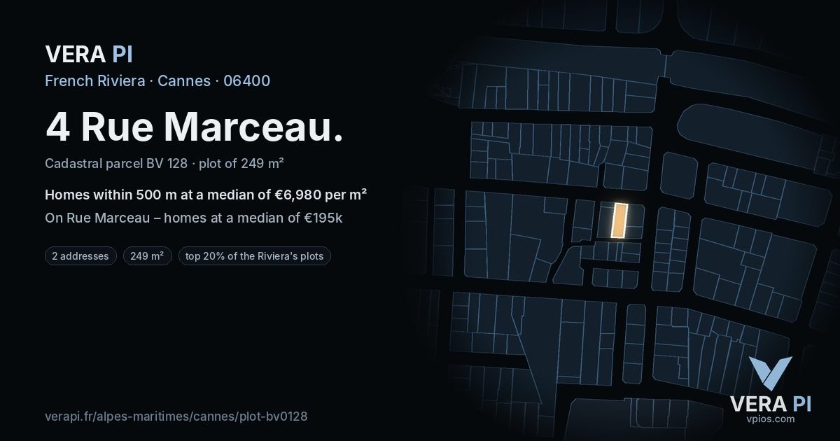 4 Rue Marceau, Cannes at night – the plot lit, the parcels around coloured by the prices near them