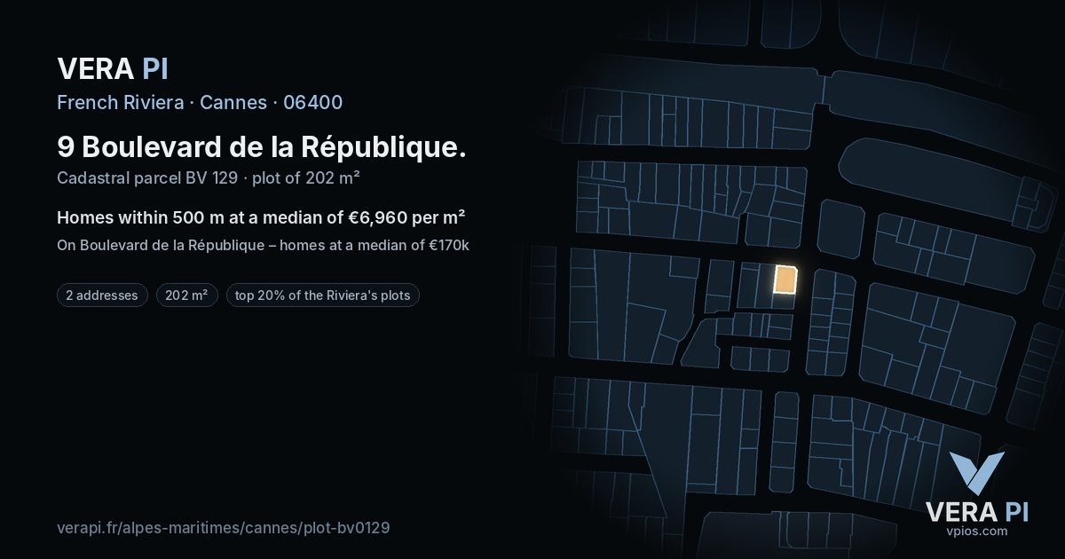 9 Boulevard de la République, Cannes at night – the plot lit, the parcels around coloured by the prices near them