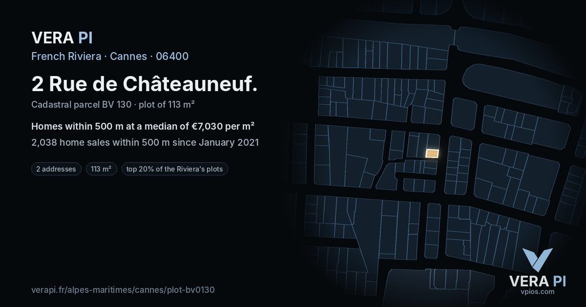 2 Rue de Châteauneuf, Cannes at night – the plot lit, the parcels around coloured by the prices near them