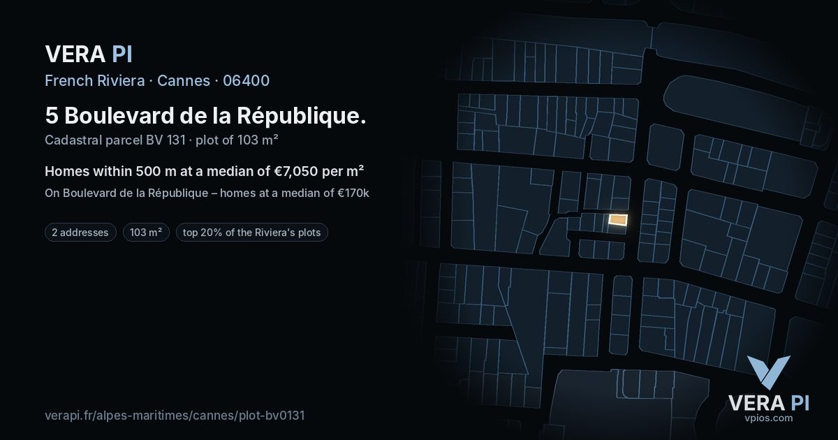 5 Boulevard de la République, Cannes at night – the plot lit, the parcels around coloured by the prices near them