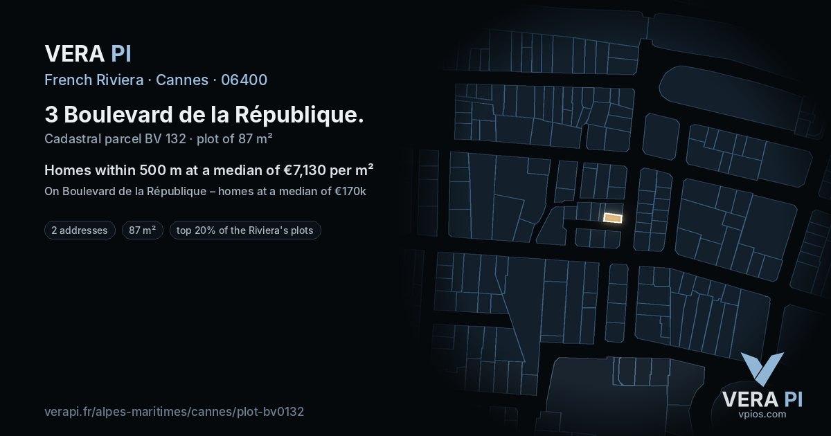 3 Boulevard de la République, Cannes at night – the plot lit, the parcels around coloured by the prices near them