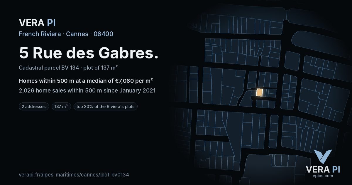 5 Rue des Gabres, Cannes at night – the plot lit, the parcels around coloured by the prices near them