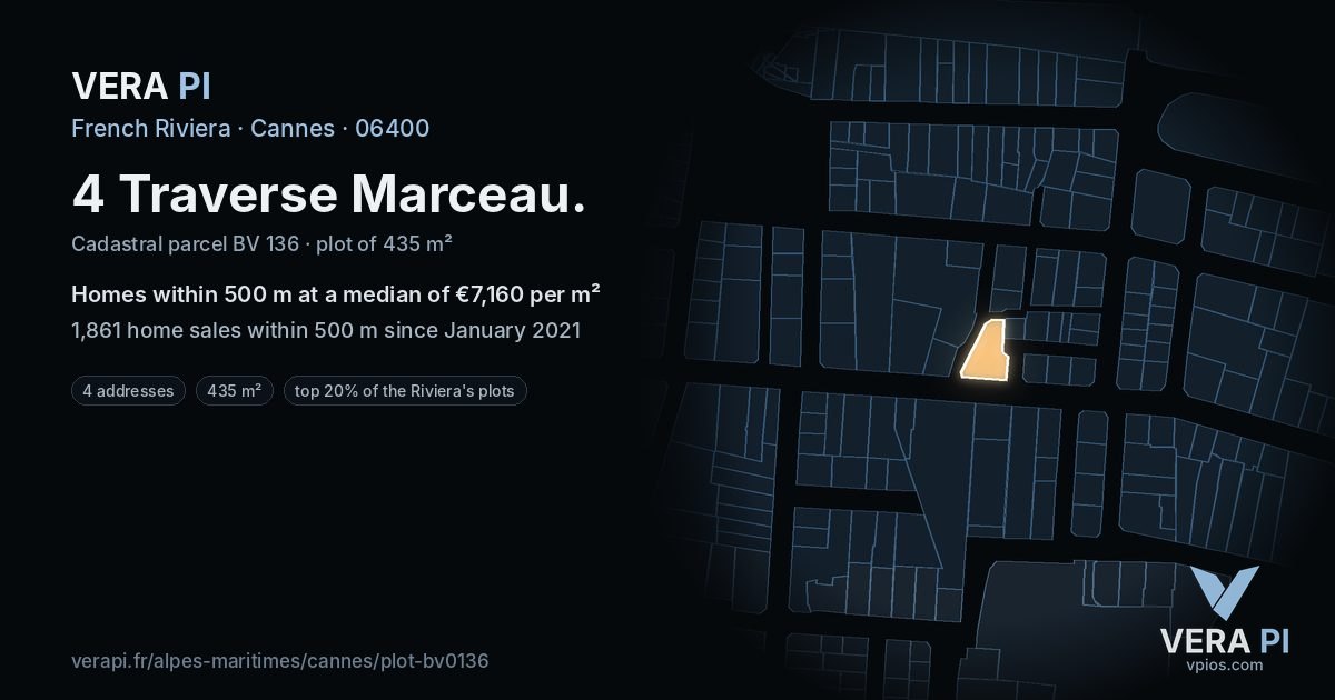 4 Traverse Marceau, Cannes at night – the plot lit, the parcels around coloured by the prices near them