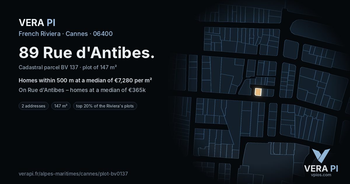 89 Rue d'Antibes, Cannes at night – the plot lit, the parcels around coloured by the prices near them
