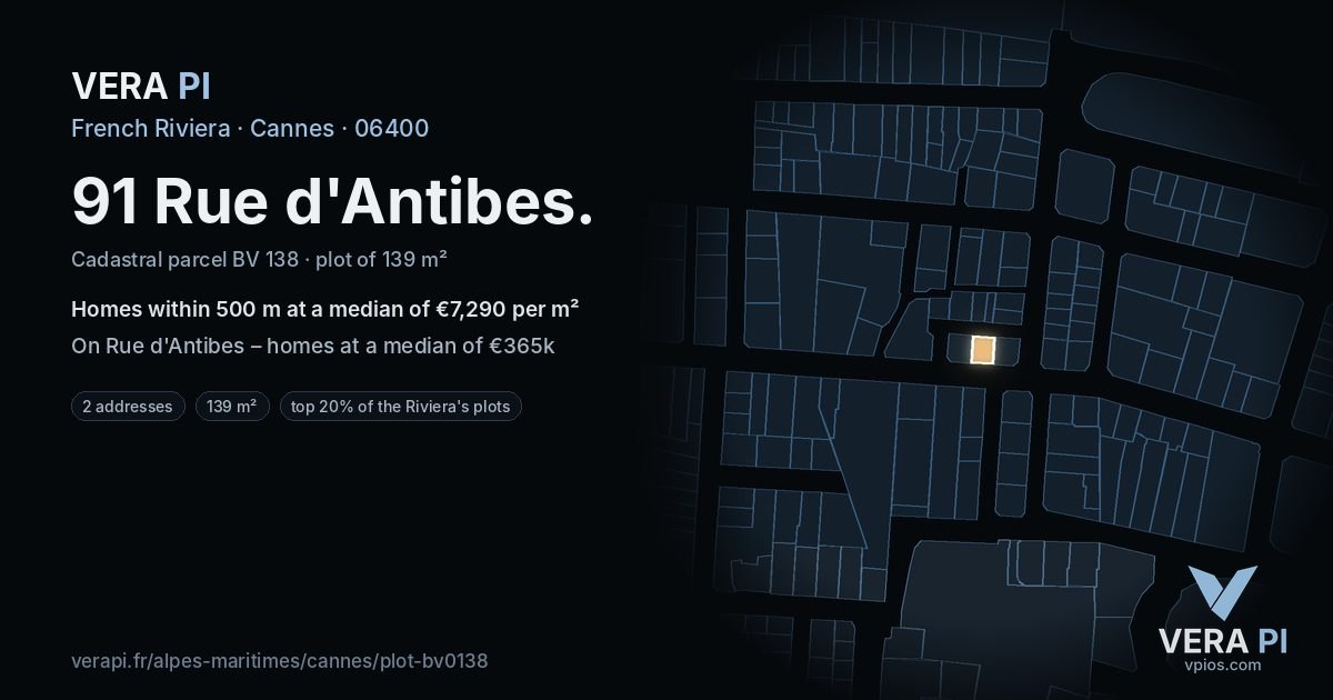 91 Rue d'Antibes, Cannes at night – the plot lit, the parcels around coloured by the prices near them