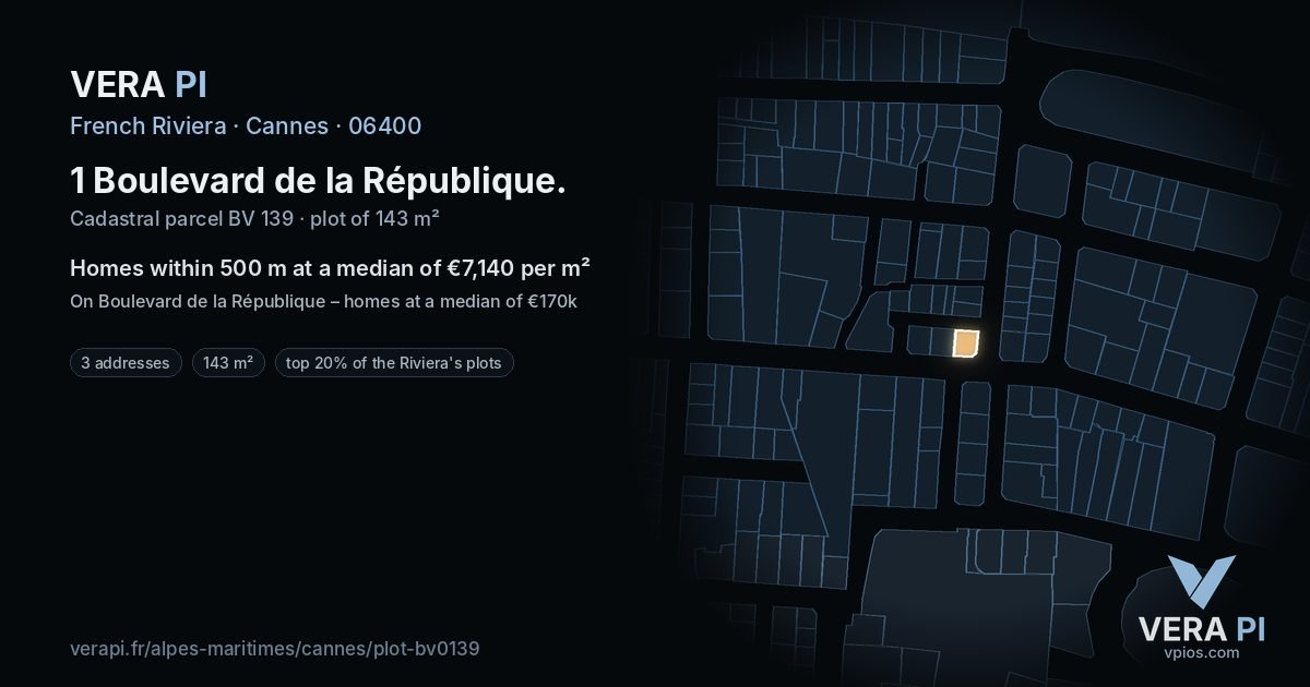 1 Boulevard de la République, Cannes at night – the plot lit, the parcels around coloured by the prices near them