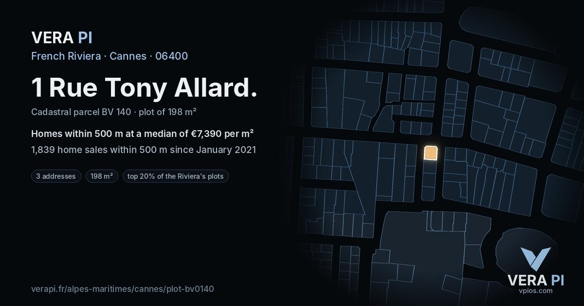 1 Rue Tony Allard, Cannes at night – the plot lit, the parcels around coloured by the prices near them