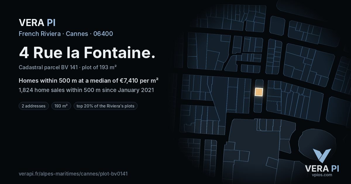 4 Rue la Fontaine, Cannes at night – the plot lit, the parcels around coloured by the prices near them