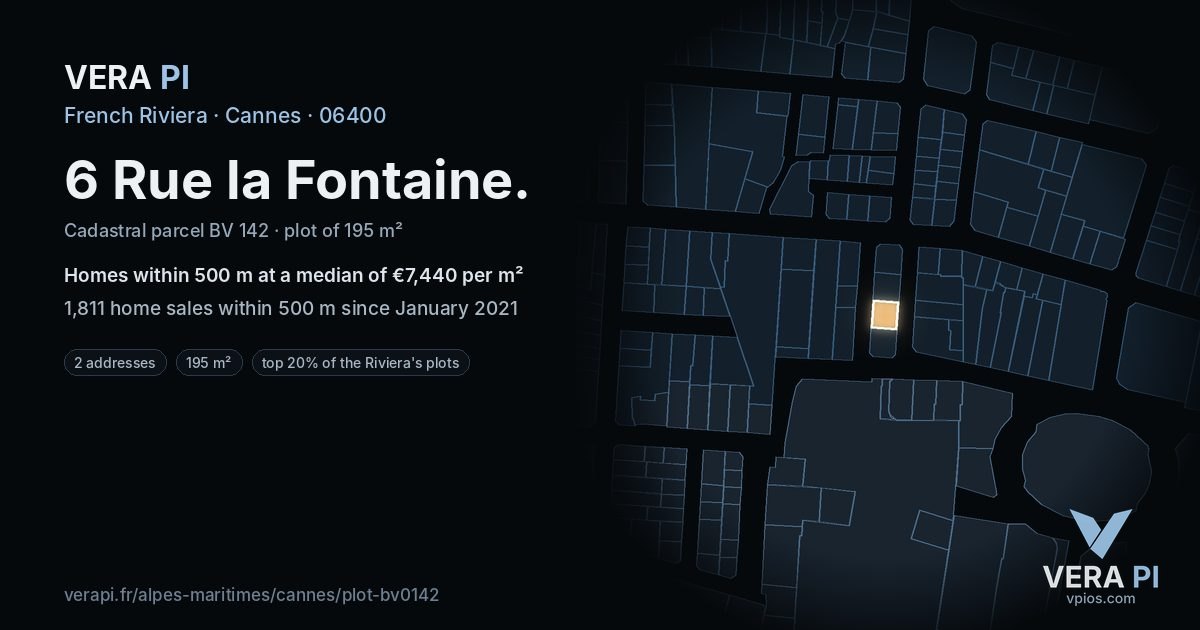 6 Rue la Fontaine, Cannes at night – the plot lit, the parcels around coloured by the prices near them
