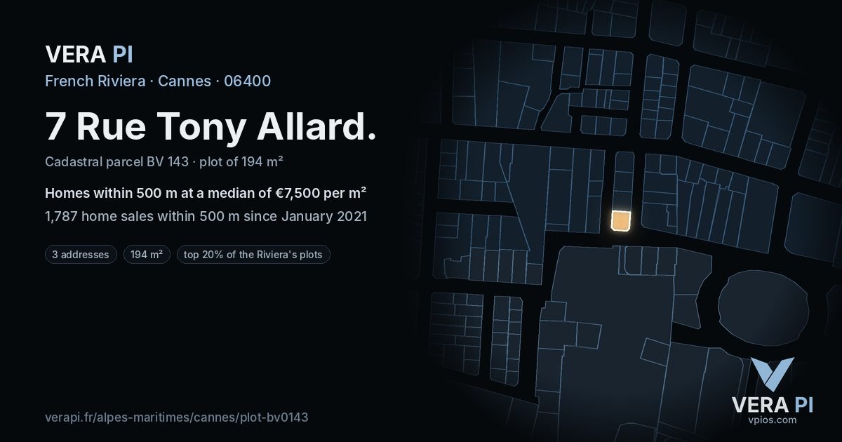 7 Rue Tony Allard, Cannes at night – the plot lit, the parcels around coloured by the prices near them