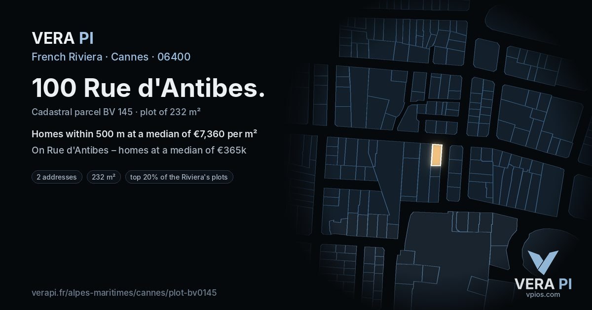 100 Rue d'Antibes, Cannes at night – the plot lit, the parcels around coloured by the prices near them