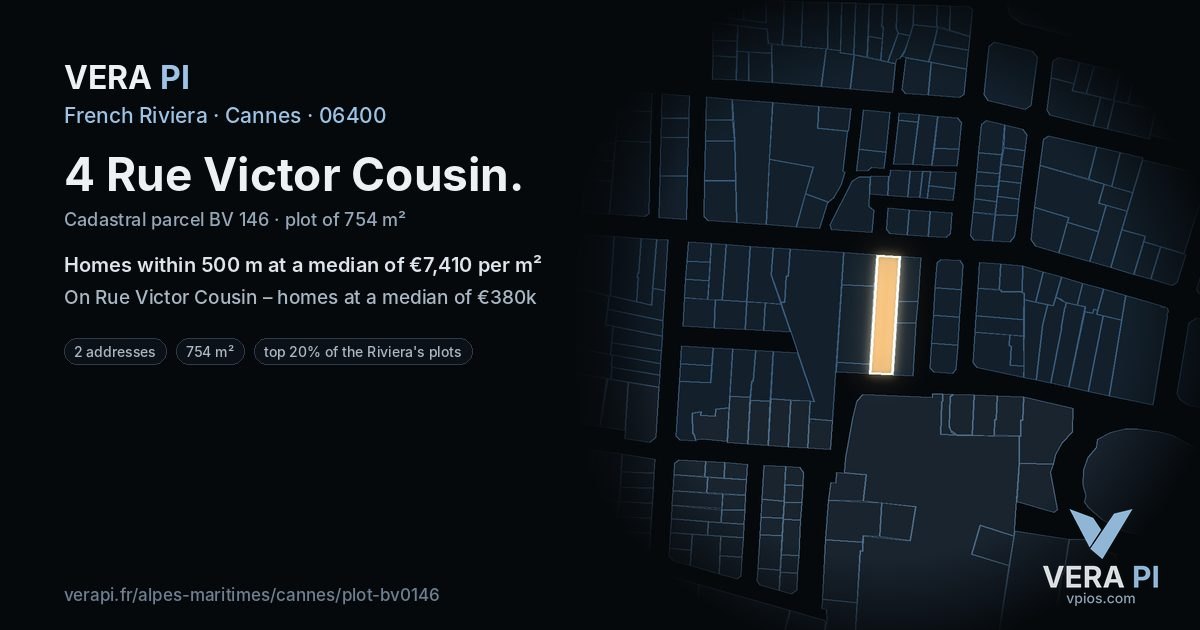 4 Rue Victor Cousin, Cannes at night – the plot lit, the parcels around coloured by the prices near them