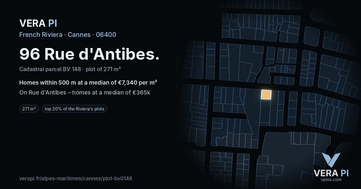 96 Rue d'Antibes, Cannes at night – the plot lit, the parcels around coloured by the prices near them