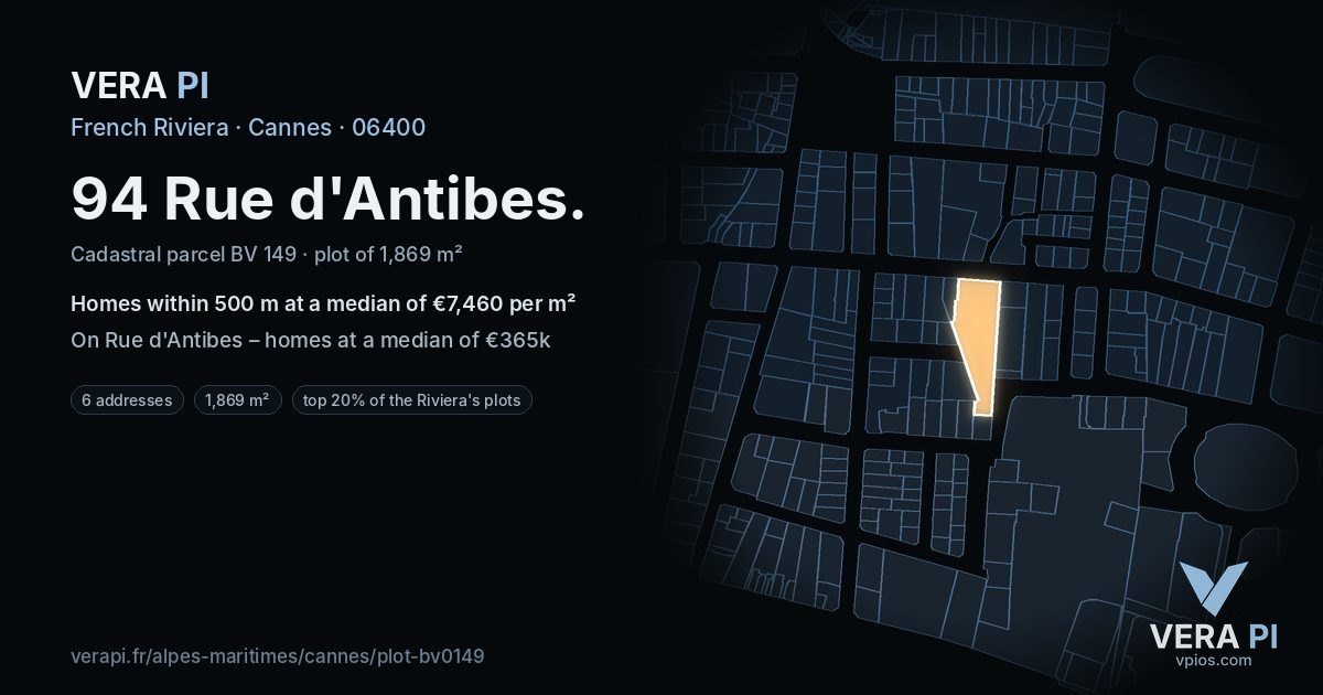 94 Rue d'Antibes, Cannes at night – the plot lit, the parcels around coloured by the prices near them