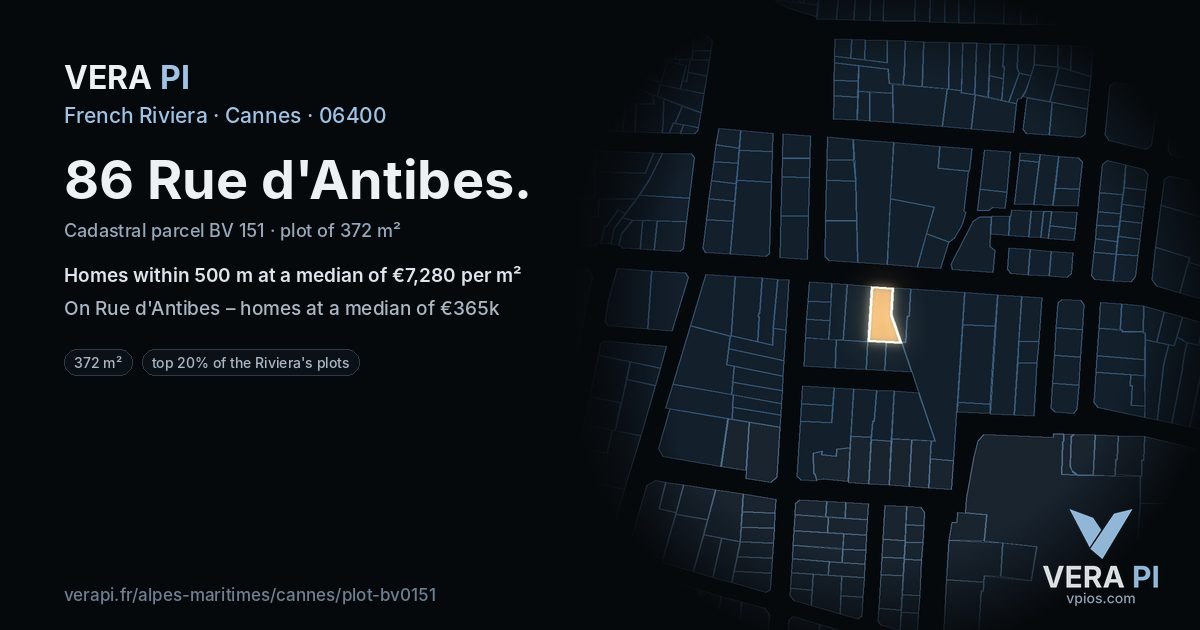 86 Rue d'Antibes, Cannes at night – the plot lit, the parcels around coloured by the prices near them