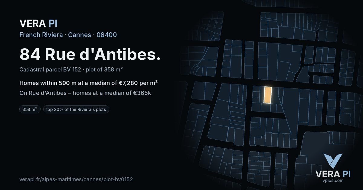 84 Rue d'Antibes, Cannes at night – the plot lit, the parcels around coloured by the prices near them