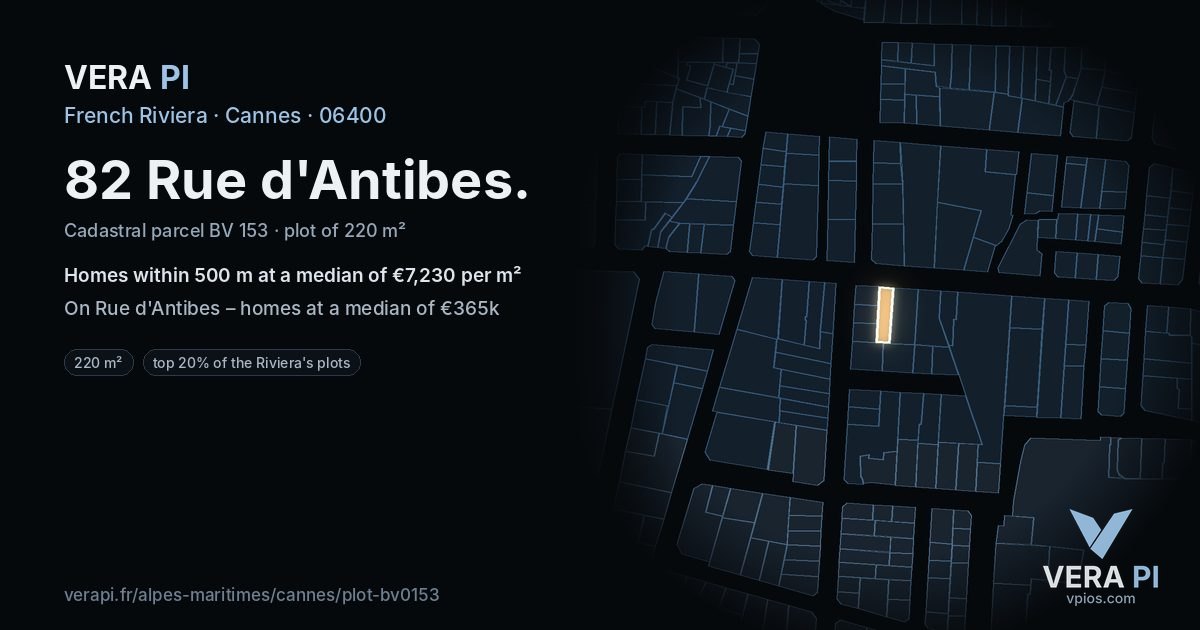 82 Rue d'Antibes, Cannes at night – the plot lit, the parcels around coloured by the prices near them